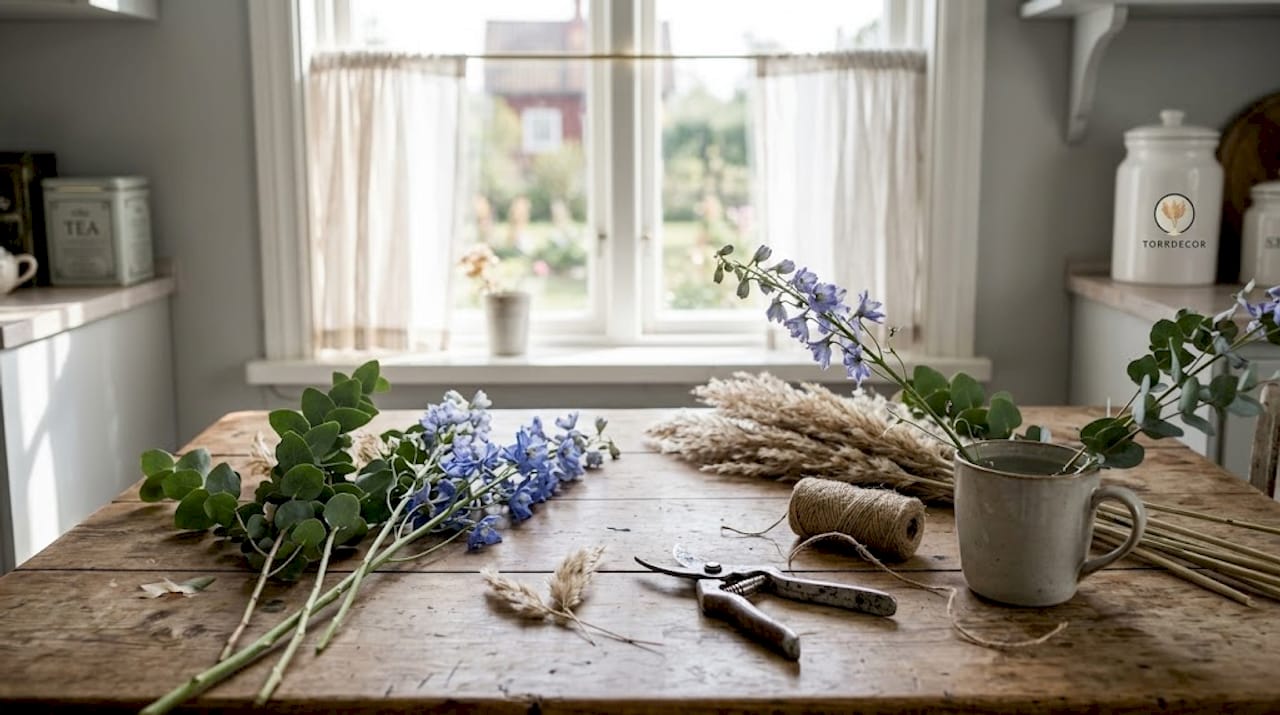 Någon gör i ordning blommor hemma för att torka dem.