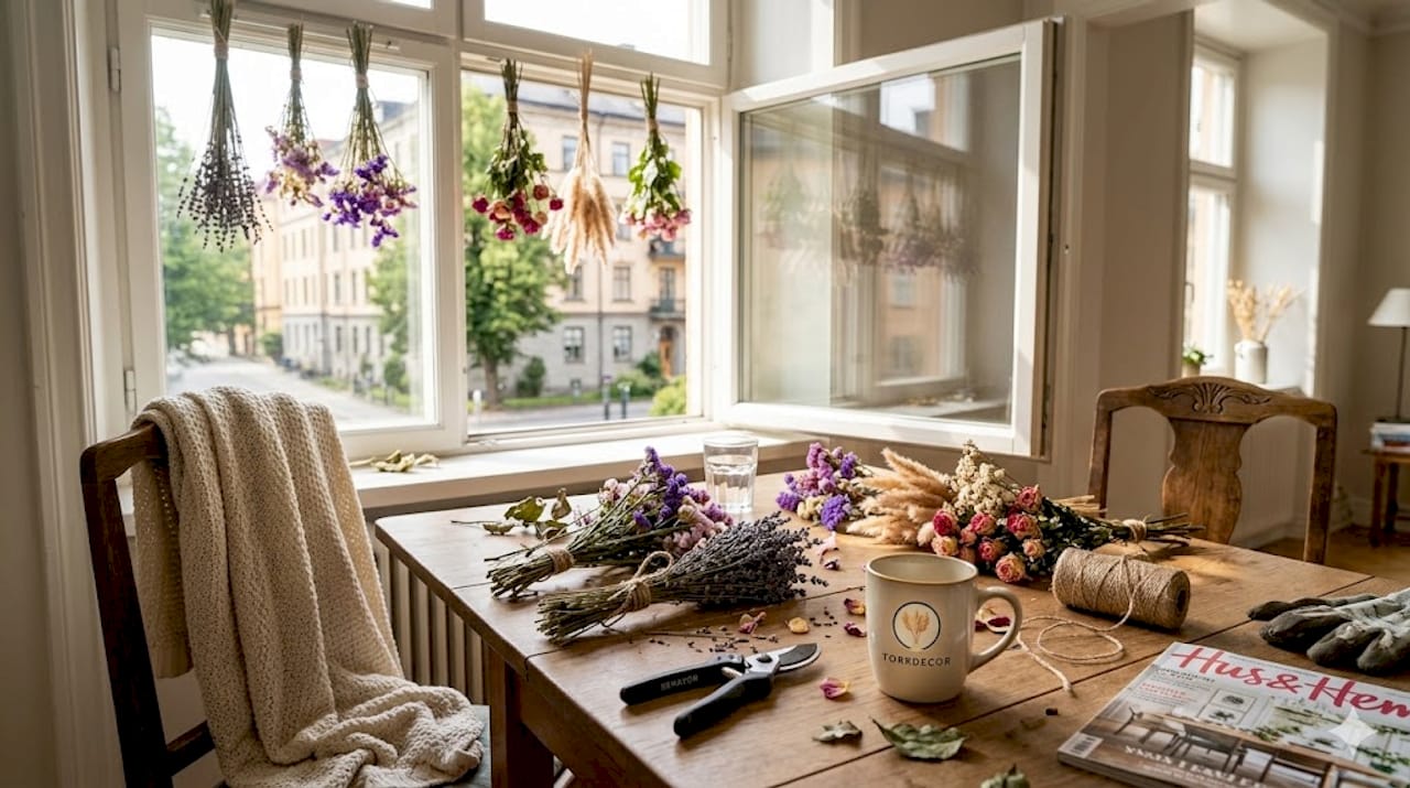Någon har hängt upp blommor på tork i sin lägenhet.