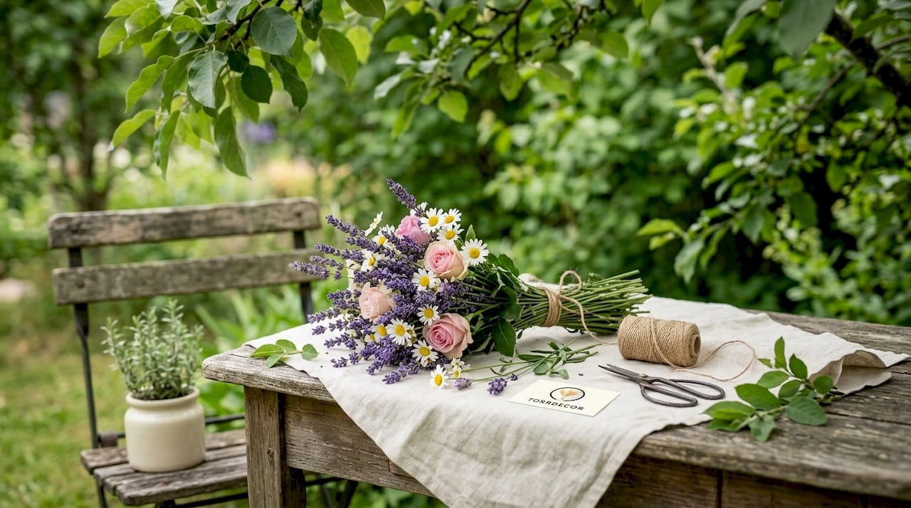 En kvinna samlar ihop blommor i köket för att hänga upp dem på tork.