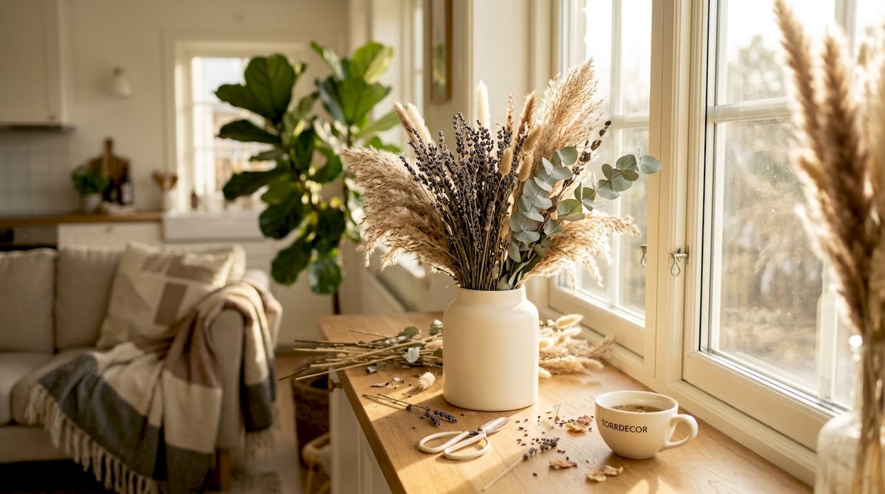 Någon piffar till en bukett med torkade blommor i fönstret.