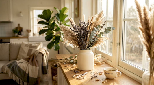 Någon piffar till en bukett med torkade blommor i fönstret.
