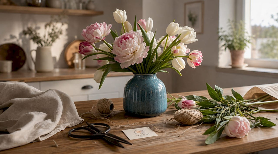 En florist som står och arrangerar snittblommor i en vas med omsorg.