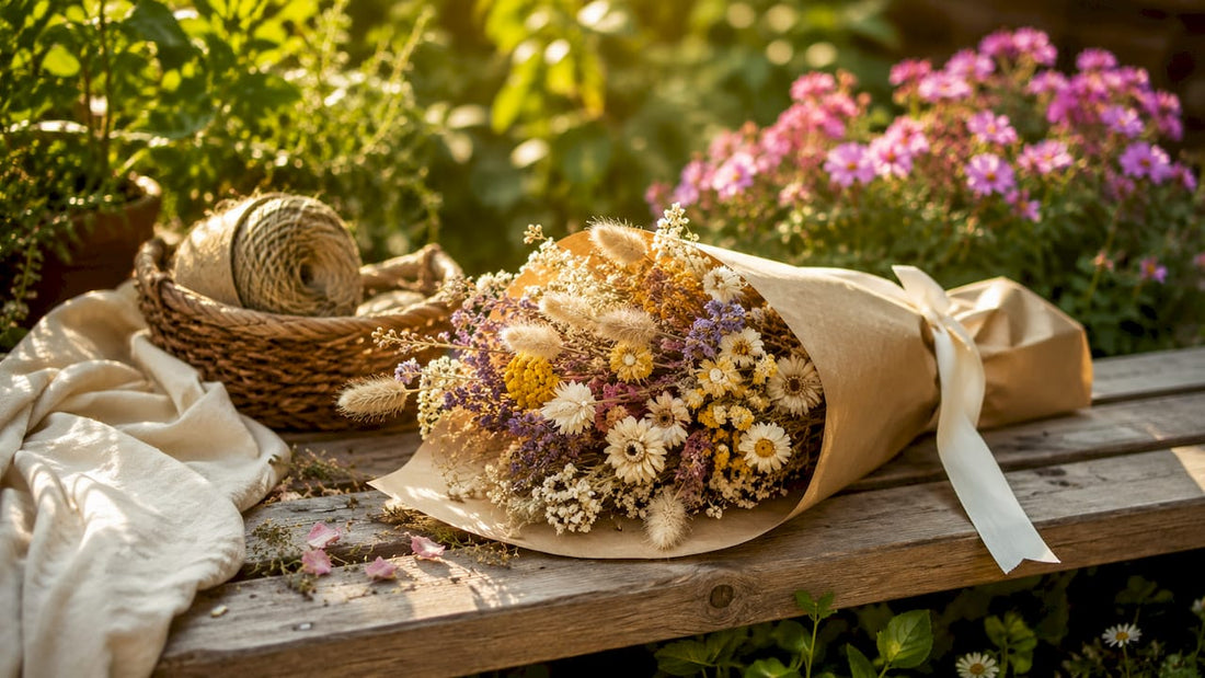 En rullad bukett med torkade blommor ligger vackert på bordet.
