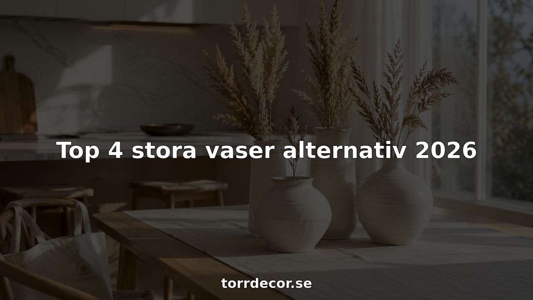 Fyra stora vita keramikvaser står uppställda på ett träbord och blir en fin inredningsdetalj.