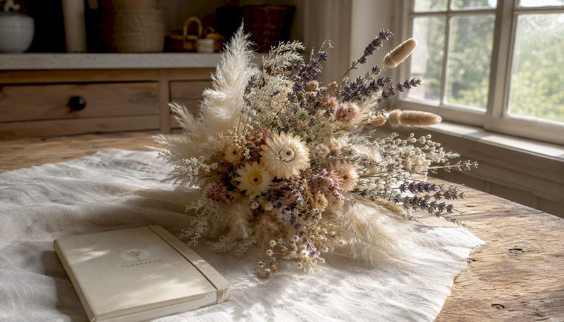 Ett vackert arrangemang med torkade blommor pryder det rustika träbordet.