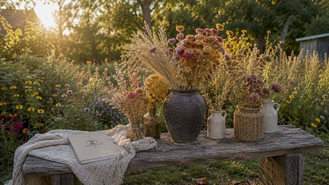 En detaljbild på ett bord dekorerat med torkade blommor.