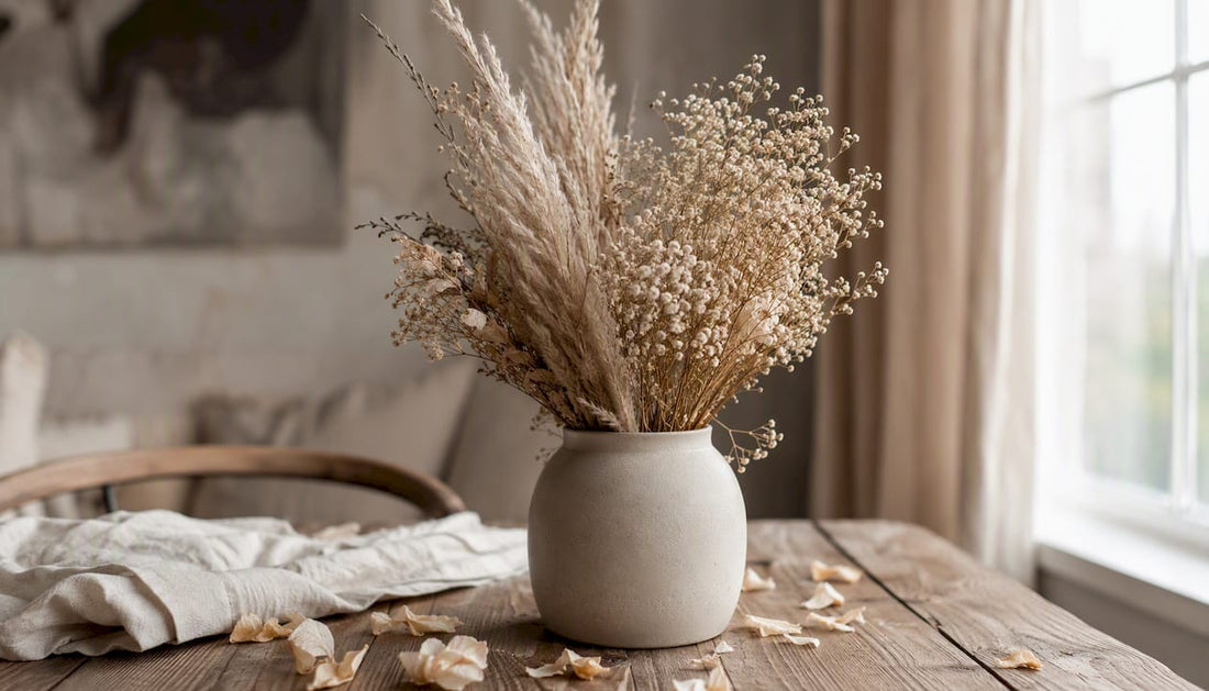 Torkade blommor och pampasgräs arrangerade i en rustik keramikvas