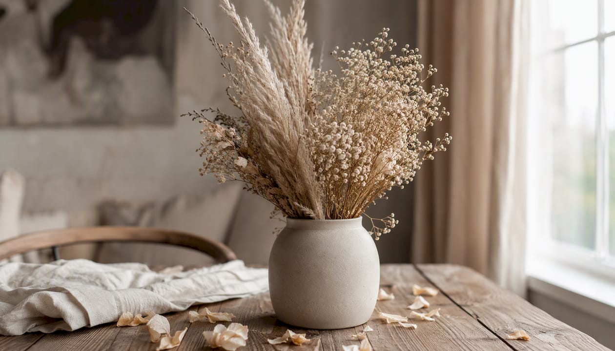 Torkade blommor och pampasgräs arrangerade i en rustik keramikvas