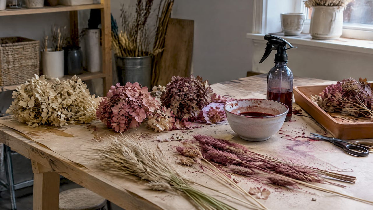 Torkade blommor i olika färgnyanser hemma
