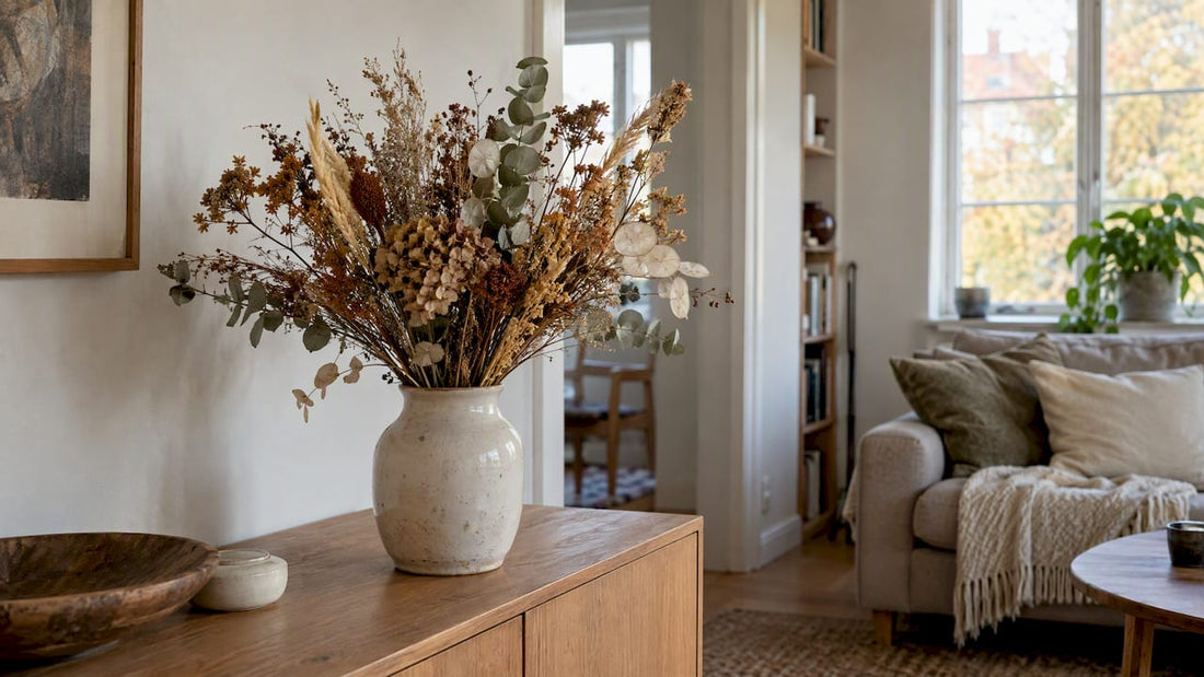 Torkade blommor som höstdekoration i vardagsrum