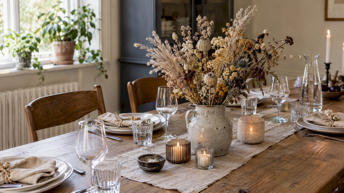 Festbord med torkade blommor som mittpunkt