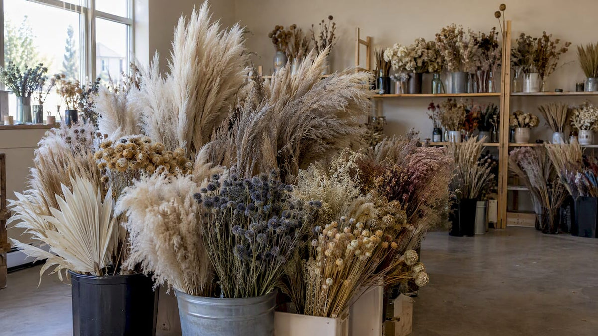 Flera buntar med torkade blommor i större mängder
